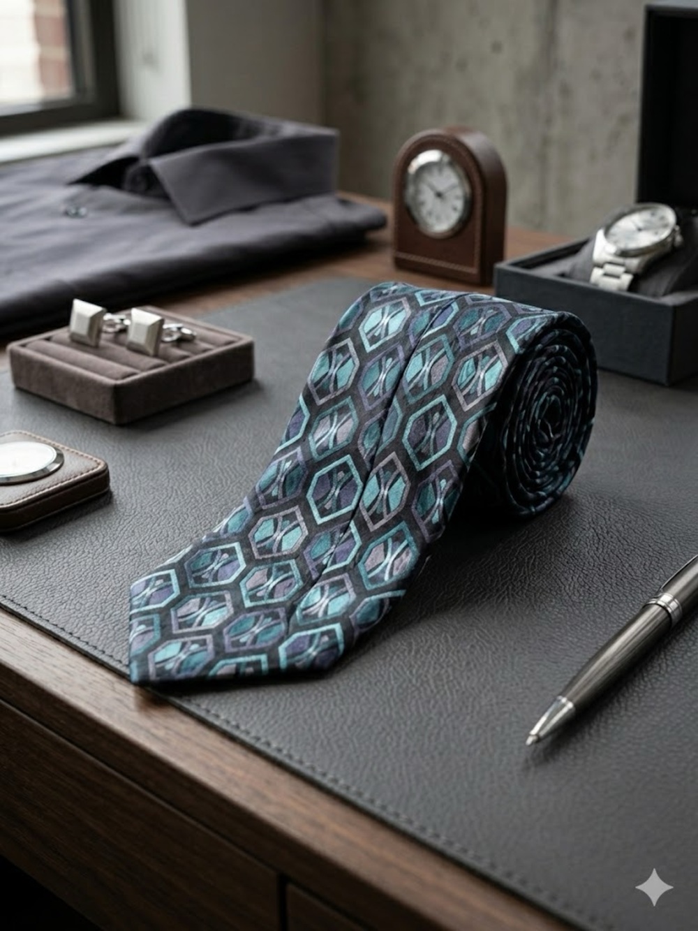 Bugatti Geometric Italian Silk Tie in Teal and Gray